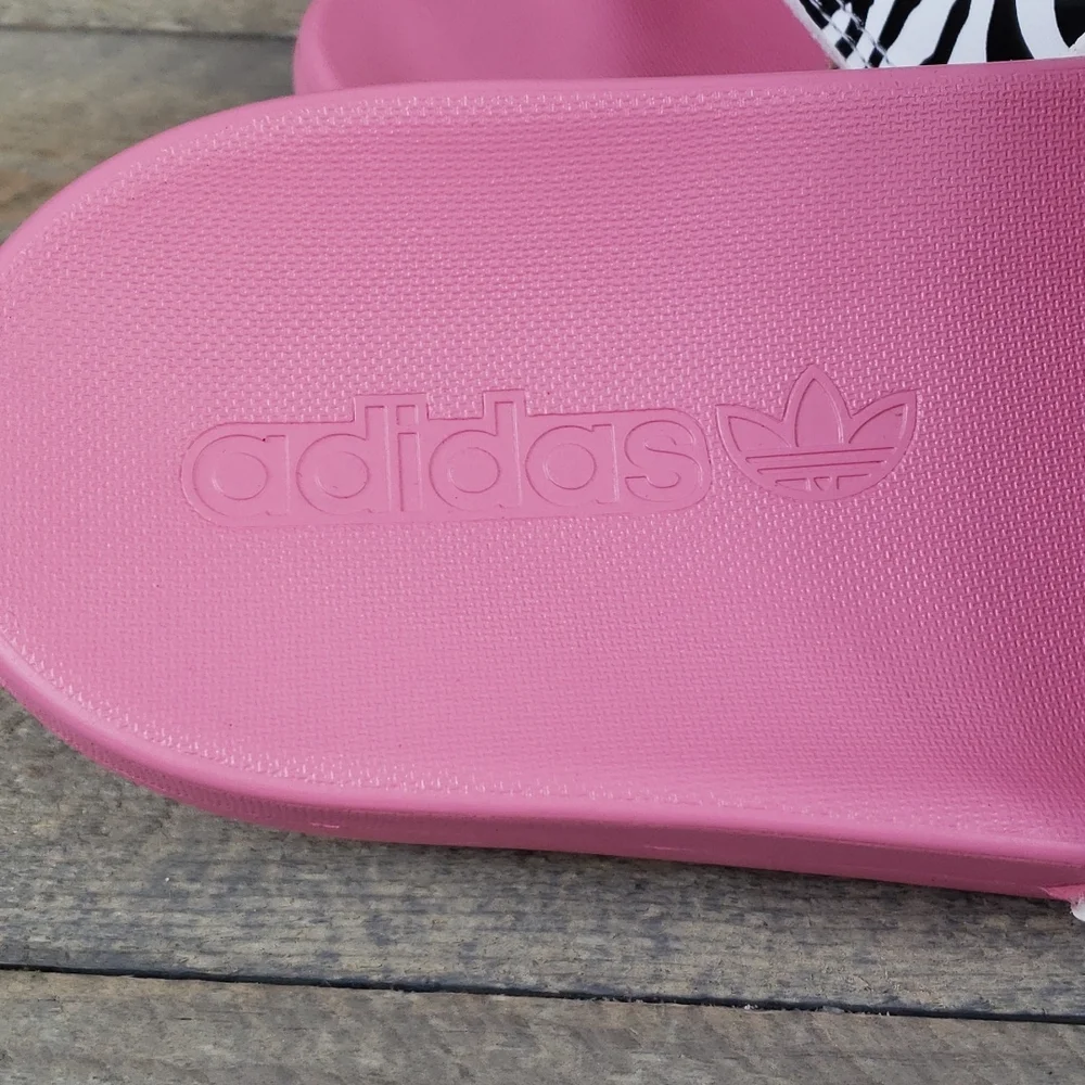 adidas Women's Adilette Comfort Slide Sandals Rose Tone Black/White Zebra Print